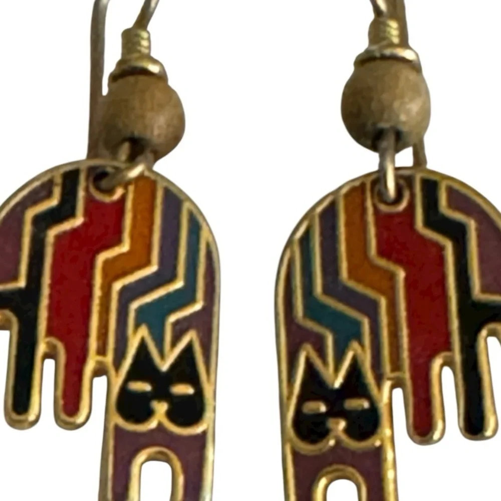 LAUREL BURCH Earrings Rainbow Cats Aztec Hoop Jewelry Vintage Gold Bead Drop